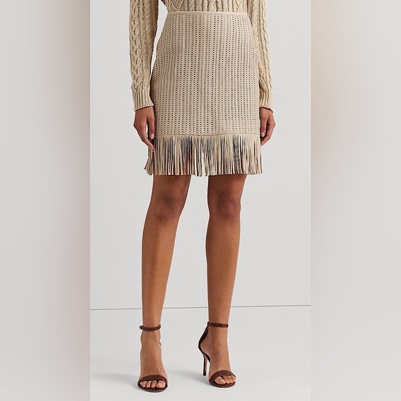 Lauren Ralph Lauren Fringe-Trim Woven Leather Pencil Skirt - Picture 3 of 7